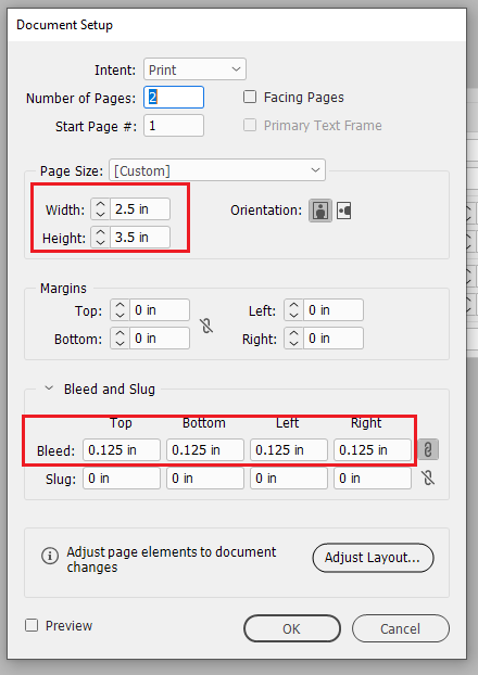 card document setup screenshot